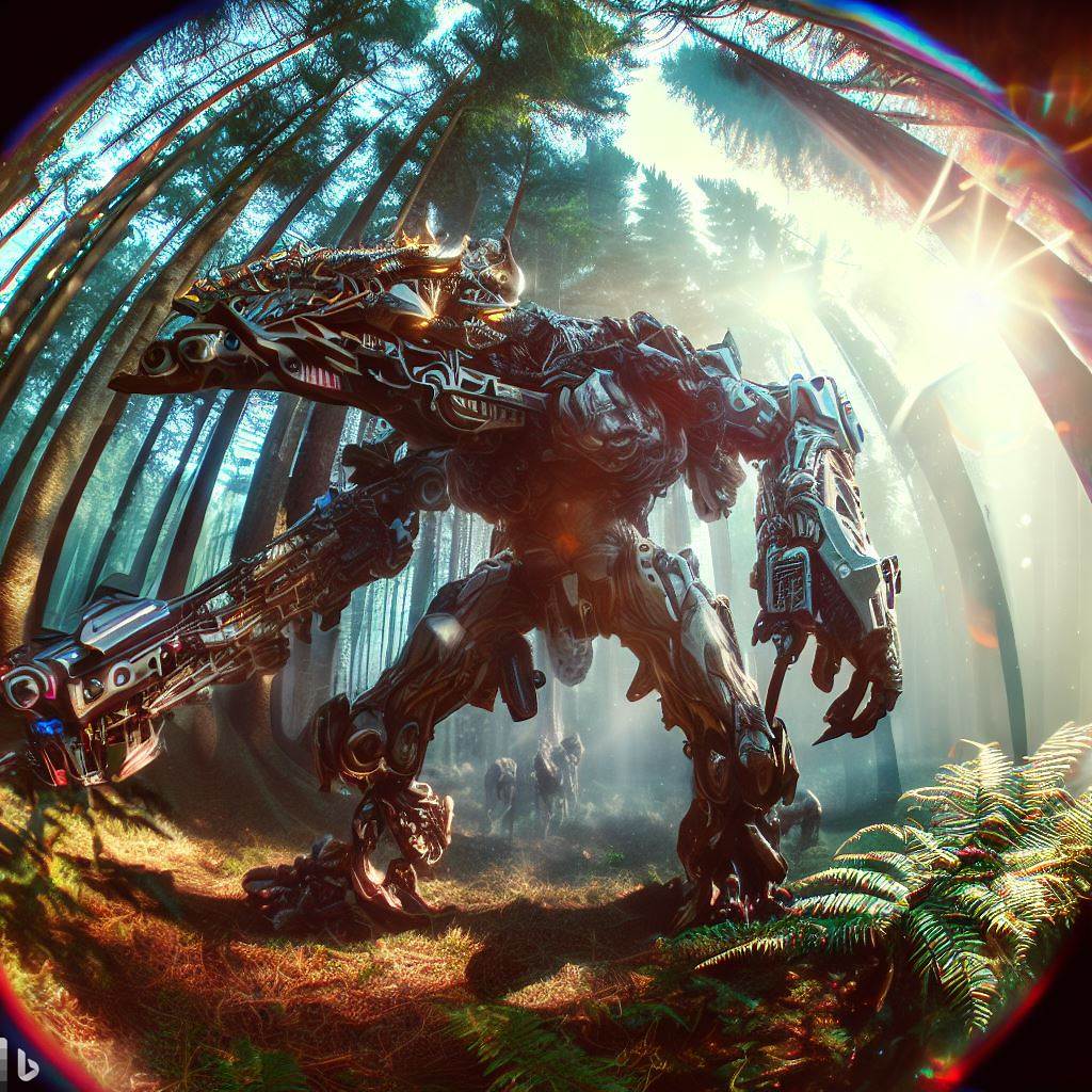 future mech dinosaur with guns in tall forest, wildlife in foreground, lens flare, fish-eye lens, realistic h.r. giger style 3.jpg